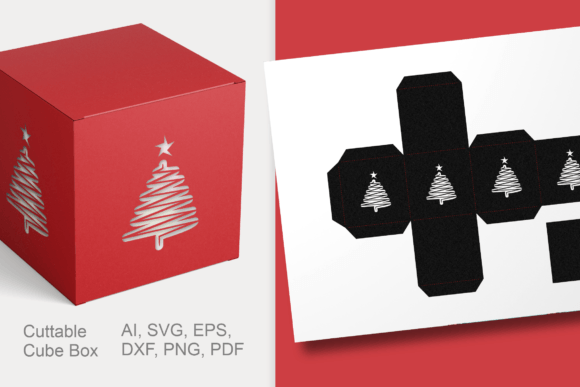 Noel Trees Cube Favor Box Template SVG: Graphics for Crafts