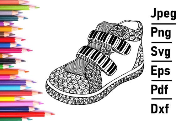 Zentangle Kid’s Shoe Coloring Book DXF: Graphics & Print Templates